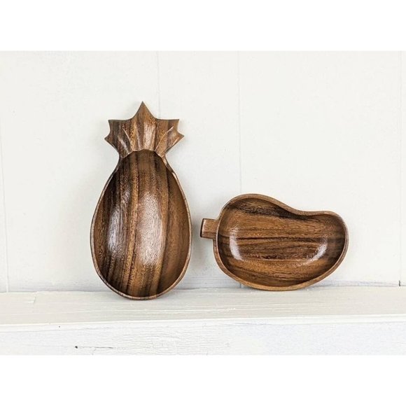 Set of 2 Vtg Handcarved Wood Bowls | MCM Wood Trinket Dish Pineapple Tidbit Tray - Picture 2 of 10